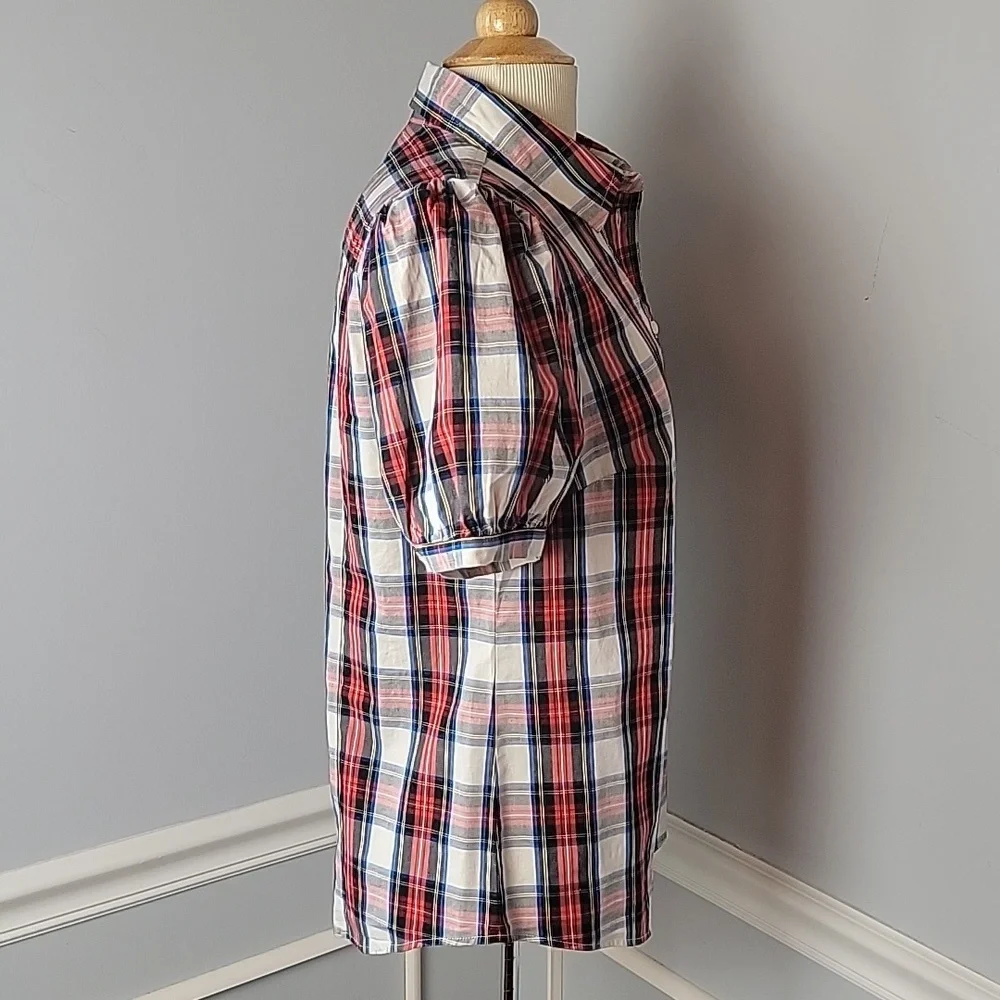 J.CREW‎ Red Black Tartan Plaid Holiday Preppy Classic Puff Short Sleeve Shirt M
